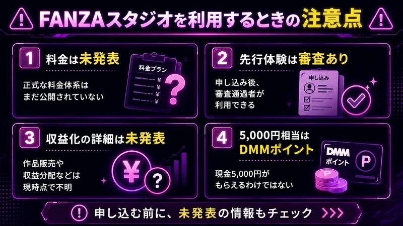 FANZAスタジオを利用するときの注意点｜料金・審査・収益化・DMMポイントを確認